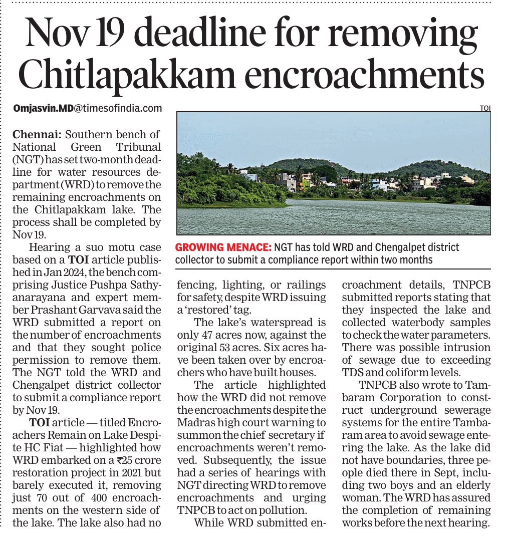 Amidst a spate of drownings in last few weeks, national green tribunal has directed water resources department to remove encroachments and restore the lake by Nov 19. In the last two weeks, two boys and an aged woman drowned in the lake.