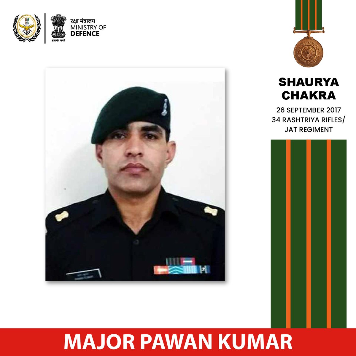 GallantryAward's tweet image. On 26 September 2017, Major Pawan Kumar of 34 RASHTRIYA RIFLES displayed astute acumen and indomitable spirit while fighting two hardcore terrorists infiltrating back from PoK. He showed perseverance, unmatched bravery and killed one terrorist. He was awarded #ShauryaChakra for…