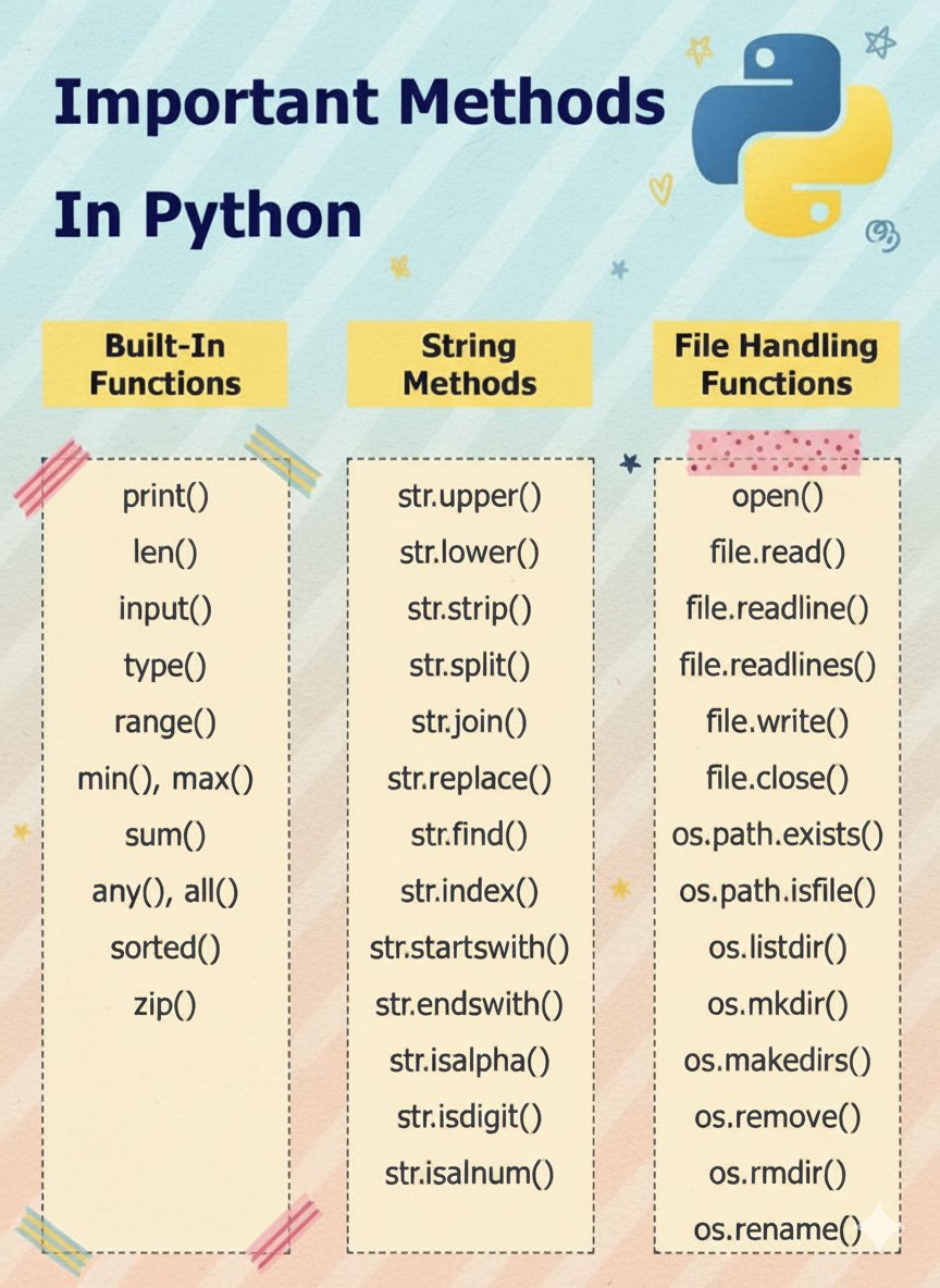 11xcoder's tweet image. Level up your Python game! 🚀 Mastering these essential methods for cleaner, more efficient code. Which one are you using today? #PythonTips #CodingLife #Developer