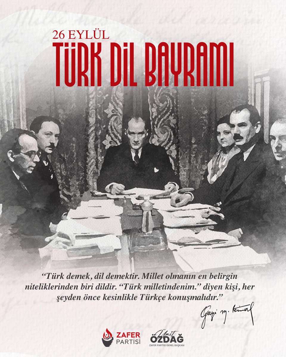 "Türk demek, dil demektir. Millet olmanın en belirgin niteliklerinden biri dildir. 'Türk Milletindenim' diyen her kişi, her şeyden önce kesinlikle Türkçe konuşmalıdır."

Büyük Türk Milleti'nin Türk Dil Bayramı kutlu olsun!

<a href="/zaferpartisi/">Zafer Partisi</a>
