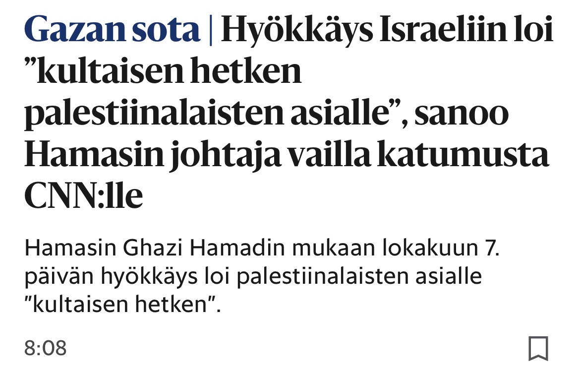 Niinpä. Terrori ja kansanmurha ovat Hamasin strategisia välineitä. Ja Hamasin suosio palestiinalaisten keskuudessa on vankka.

Nyt Hamas on saamassa länsimailta palkintona sen, mitä joukkomurhillaan halusi.

Jos olisi jokin ”historian oikea puoli”, niin tämä se ei ainakaan ole.