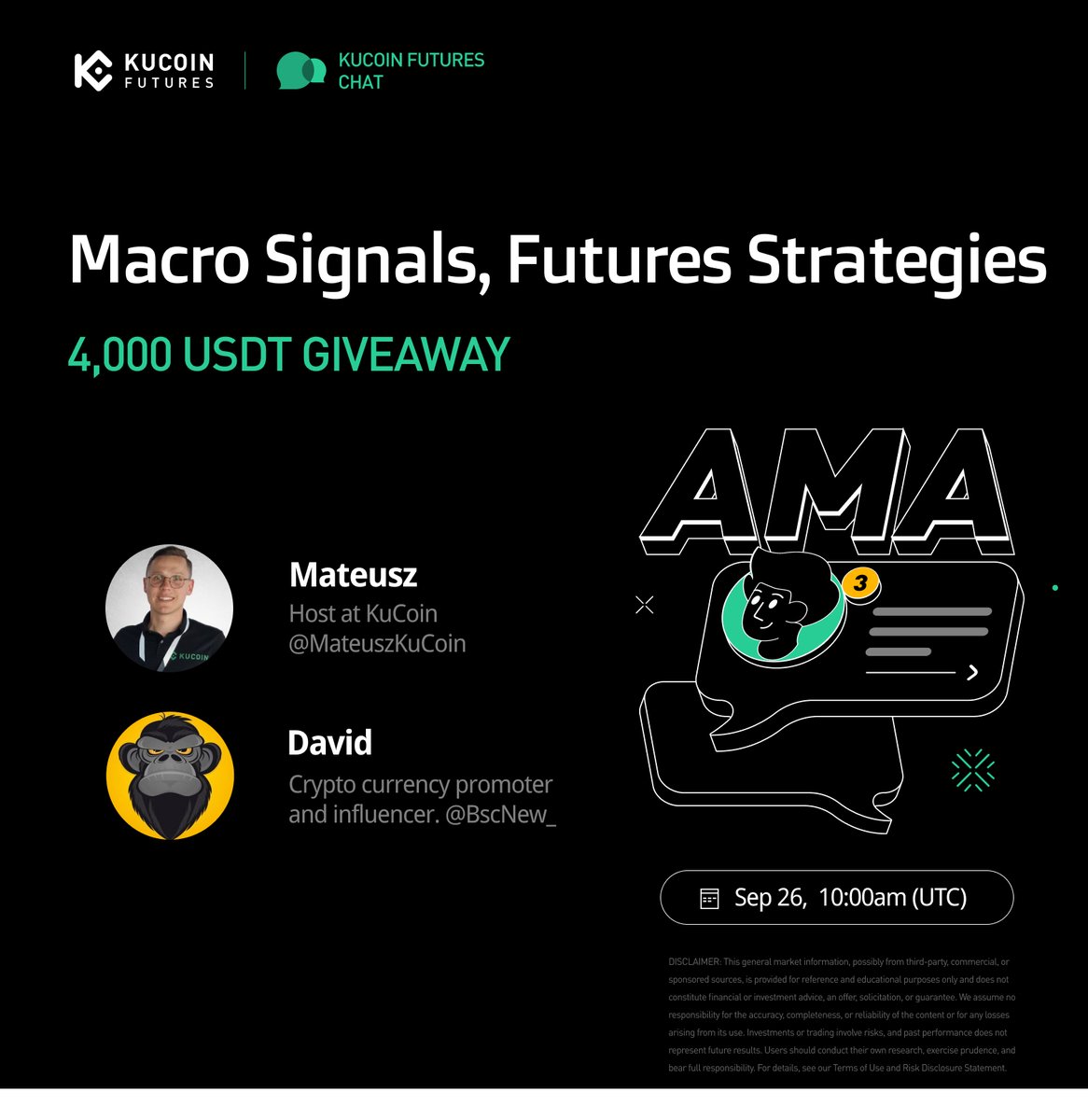 🎙 Futures Chat LIVE   
🗓 Sep 26, 10:00 AM (UTC)  
💰 4,000 USDT Prize Pool

How to claim:
1️⃣ Follow <a href="/KuCoinFutures/">KuCoin Futures ⚡️</a>
2️⃣ Like, RT &amp; Tag 2 friends
3️⃣ Join Space: x.com/i/spaces/1jMJg…
4️⃣ Fill out Gleam form: gleam.io/JUJaf/kucoinfu…

#KuCoinFutures #CryptoAMA #Giveaway