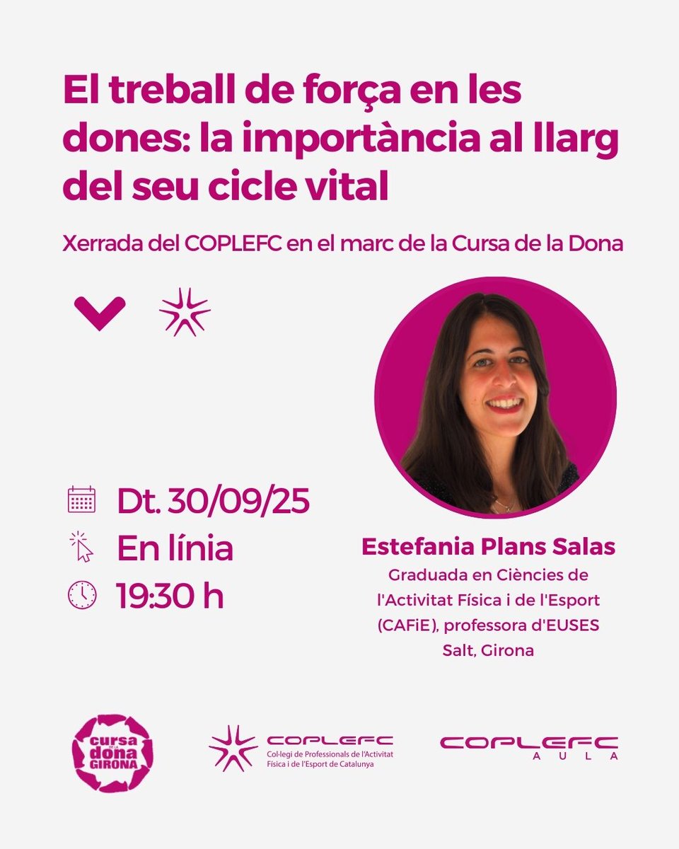 💪✨  Xerrada: El treball de força en les dones i la seva importància al llarg de tot el cicle vital

📅 Dimarts 30/9
🕢 19.30 h
💻 En línia
👩‍🏫 Estefania Plans Salas | CAFE, professora <a href="/EUSES_Oficial/">EUSES Escola Universitària de la Salut i l'Esport</a>
Organitza: <a href="/coplefc/">COPLEFC</a>

✍🏼 Inscripcions gratuïtes 👇🏼👇🏼👇🏼: url.coplefc.cat/CTlo4c