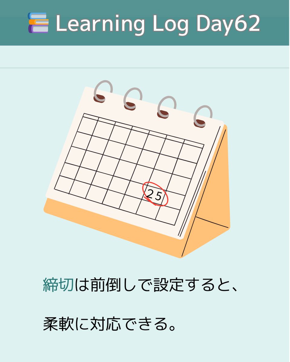 StudyFlowLog's tweet image. 📚 Learning Log（Day62）

💡 締切は前倒しで設定する

余裕をもった期限は安心につながる。

不測の事態にも柔軟に対応できる。

#Notion #スケジュール管理 #効率化