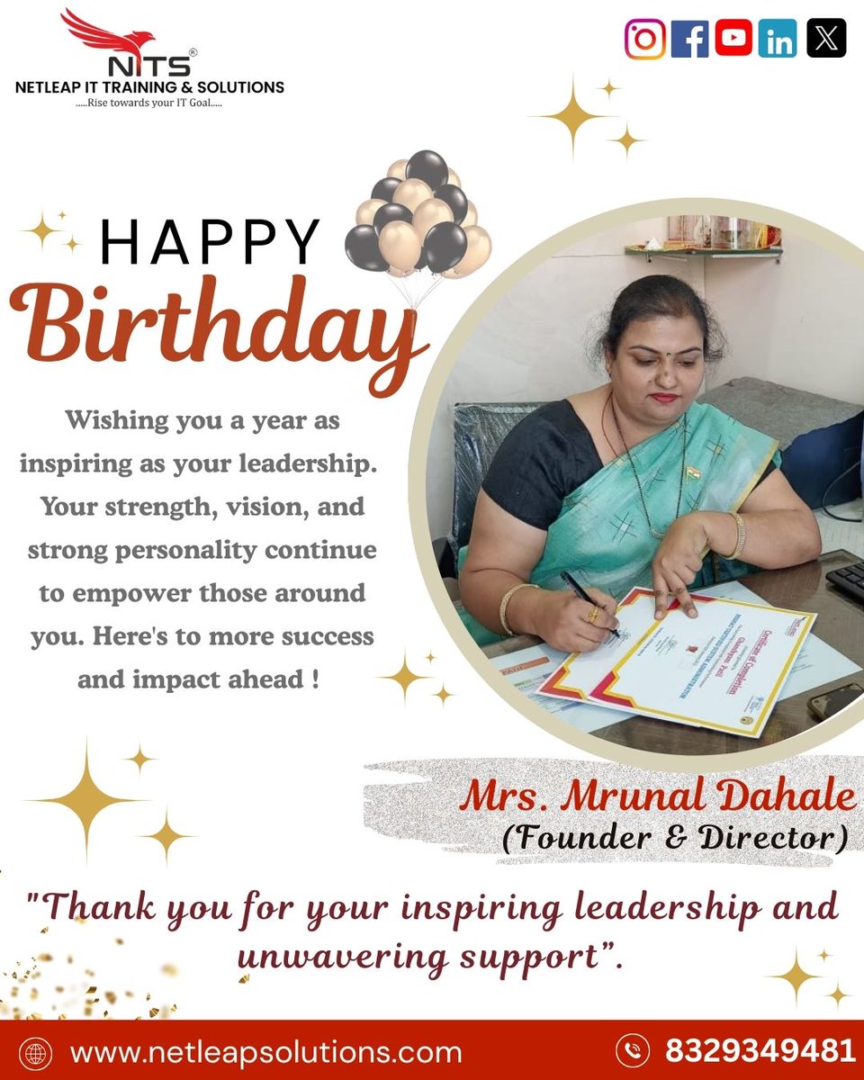 netleap_it's tweet image. Happy Birthday to our Founder &amp;amp; Director, @mrunal_shahane_dahale_ !  Today, we celebrate not just your birthday, but also your incredible journey as a visionary leader, mentor, and inspiration to all of us at NetLeap IT Training &amp;amp; Solutions. 
#HappyBirthday #Founder #netleap