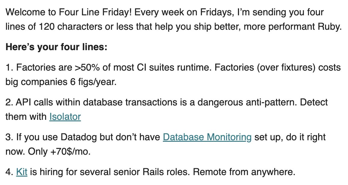 rubyconfth's tweet image. If you want to keep up with Rails performance, sub to this:
nateberkopec.us11.list-manage.com/subscribe?u=1a…
Never disappointed