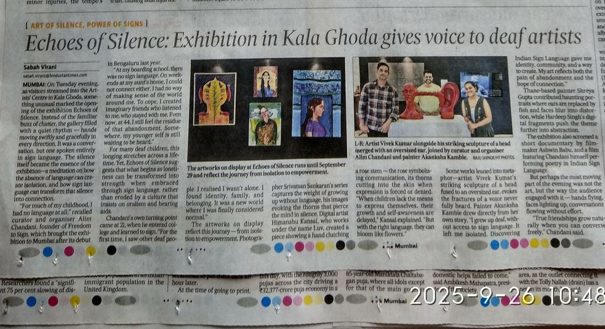 An inspiring report by <a href="/sabahvir/">Sabah V</a> on an art exhibition at Artists'Centre, Kala Ghoda, Mumbai, by deaf artists, tracing their journey from isolation to empowerment.
<a href="/avantikabahl08/">avantika</a> 
<a href="/zoru75/">Zoru Bhathena</a> 
<a href="/MyMumbai/">My Mumbai ( Mumbai )</a> 
<a href="/bhaumikgowande/">Bhaumik Gowande</a> 
<a href="/anuradhasays/">Anuradha SenGupta</a> <a href="/cleanmumbai12/">Mumbai Squad</a> <a href="/DastangoiTheArt/">Dastangoi Collective</a> <a href="/BansaLibrary/">Bansa Community Library</a>