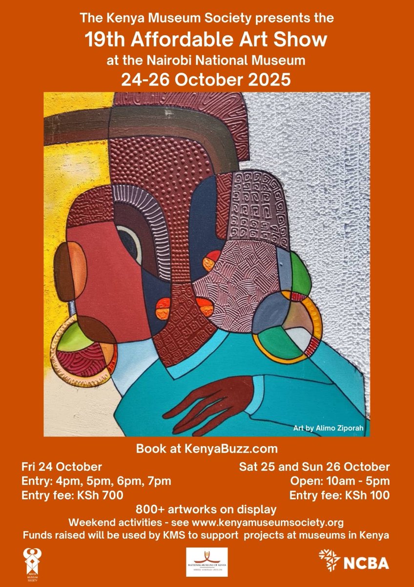 The 19th Affordable Art Show is coming soon. 😍

24-26 October 2025 at Nairobi National Museum.

Tickets are now on sale at <a href="/KenyaBuzz/">KenyaBuzz</a>, Kes 700 for the opening night, 100 on Saturday or Sunday.