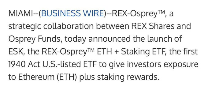 khalitabdiqadir's tweet photo. 🇺🇸 JUST IN: REX-Osprey ayaa bilaabay ETF-kii ugu horreeyay ee ETH Staking ee gudaha Mareykanka, iyadoo lagu maamulayo qaab-dhismeedka 1940 Act.

#Ethereum #StakingETF #CryptoNews #USAMarkets https://t.co/vQmC5OZkik