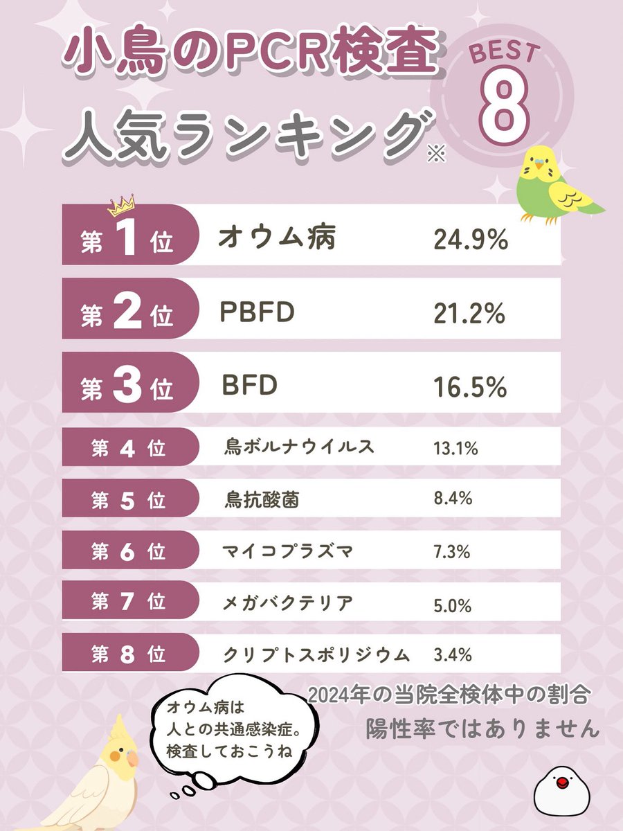 小鳥のPCR検査、昨年の当院のTOP8と気になる病気のトピックをご紹介します。
（※陽性率ではなく依頼件数の割合です）

🔸第1位 オウム病 

人にも感染することがある人獣共通感染症で　鳥は普段は無症状ですが換羽や繁殖、寒冷等のストレス下で発症しやすい。