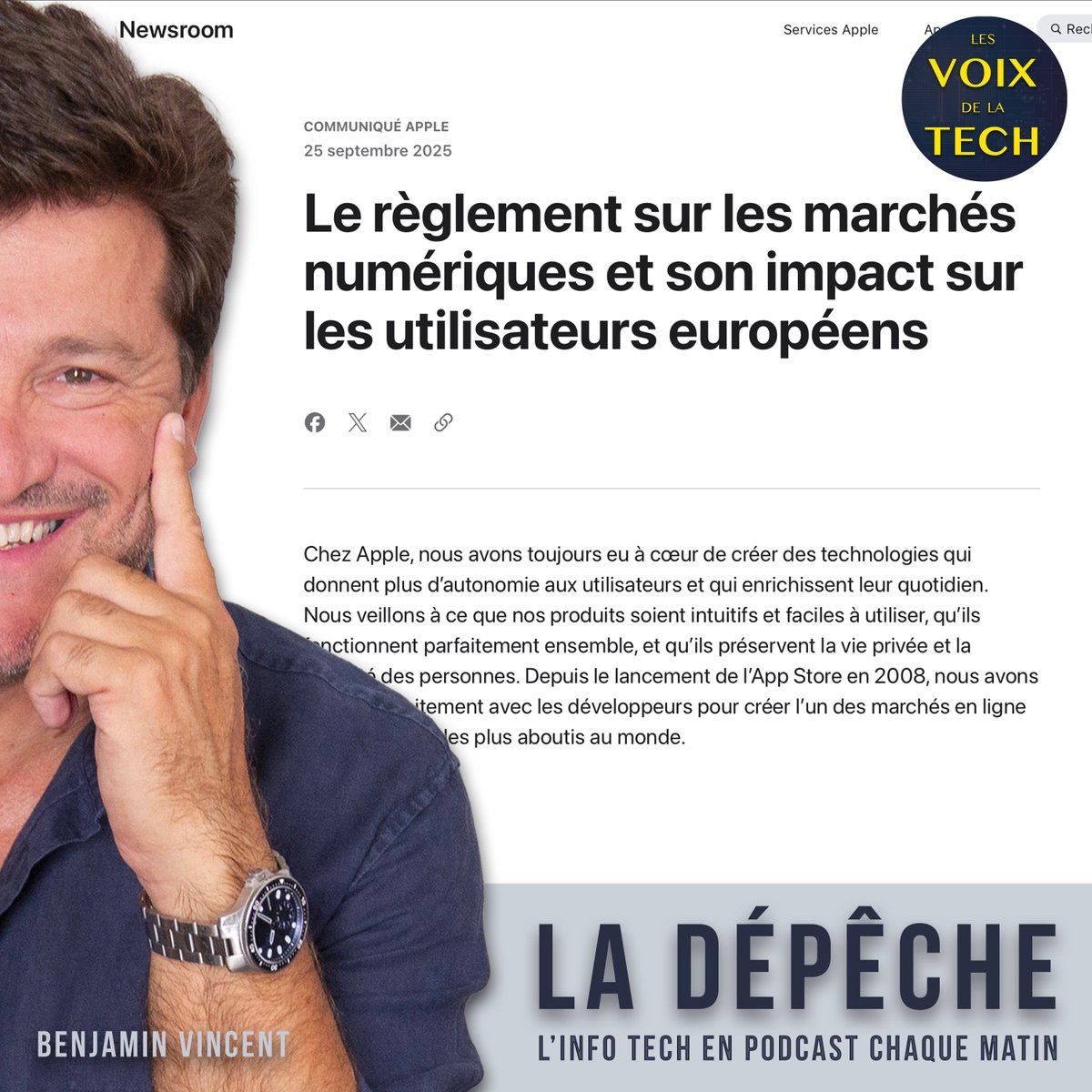 benjaminvincent's tweet image. L&apos;attaque historique d&apos;@Apple contre le #DMA en #Europe : c&apos;est mon sujet du jour dans “La dépêche&quot;, mon nouveau rendez-vous quotidien avec l&apos;info #tech à l&apos;heure du premier café du matin, décliné de l&apos;hebdo de @LesVoixdelaTech. 
🎧 lesvoixdelatech.com
Abonnez-vous, vous…