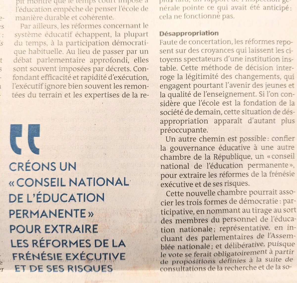 Dans <a href="/lemondefr/">Le Monde</a> d'aujourd'hui, on parle de celui de demain 🔭

✍🏼 Nous revenons sur les risques d'un pilotage de l'école uniquement par l'exécutif.

💡 Nous proposons une idée : le Conseil National de l'Education Permanente.

lemonde.fr/idees/article/…