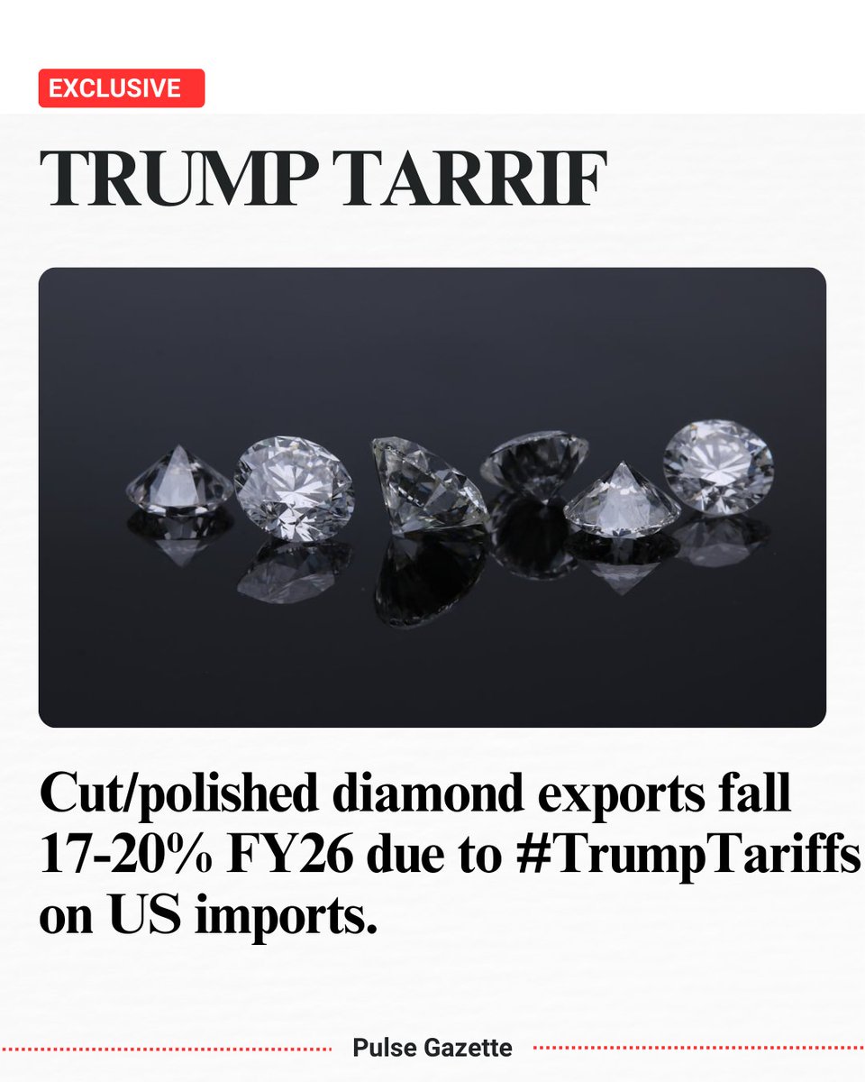 Pulse_Gazette's tweet photo. Diamond exports crater 17-20% from #TrumpTariffs—US bound gems hit hard. #StockMarketIndia jewelers pivot to EU/Asia. Diversify: Gold ETFs shine brighter in this #FinanceBill2025 era. https://t.co/5ibTyjvDA9