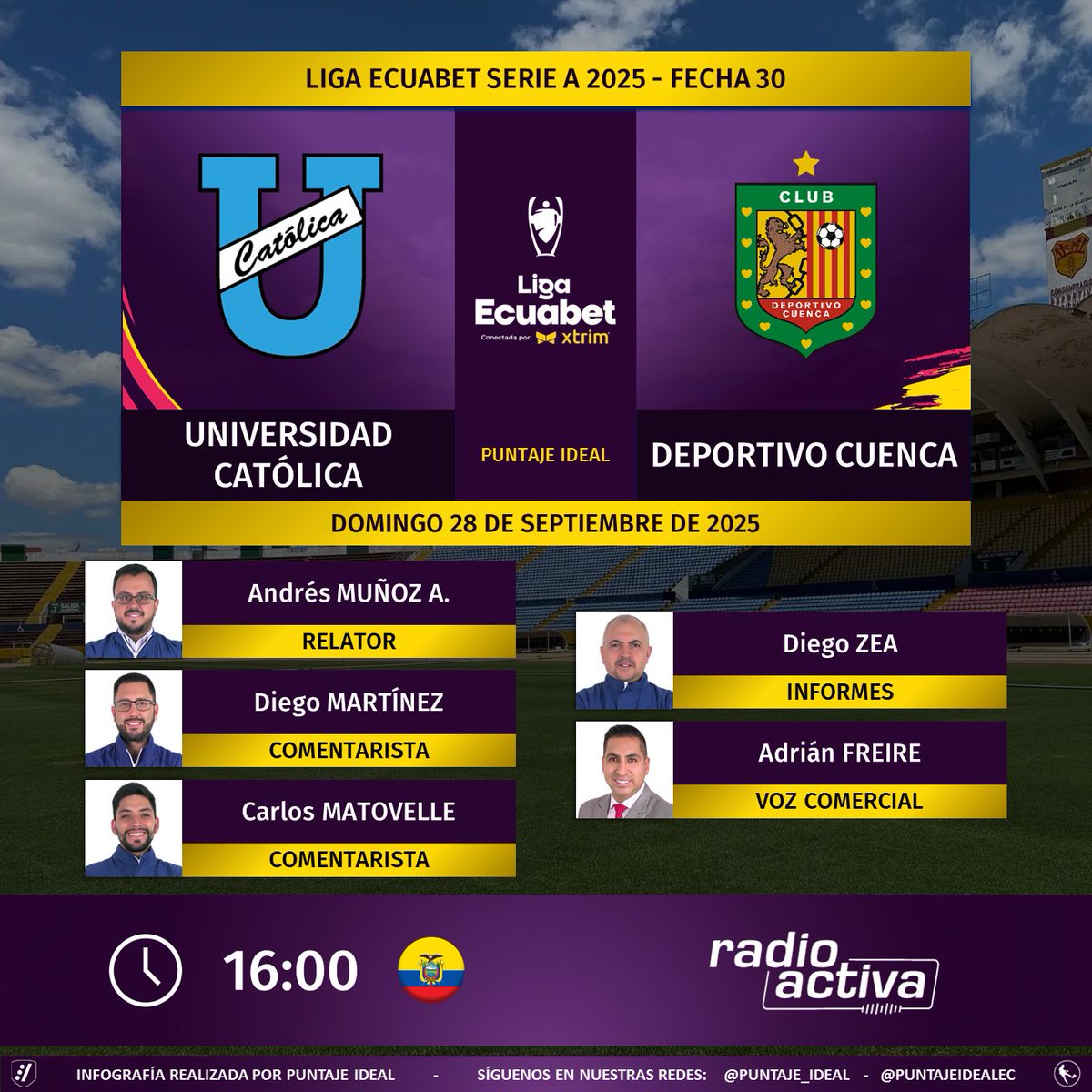 ⚽ #LigaEcuabet 🇪🇨 | #UCatólica vs. #DeportivoCuenca
🎙 Relator: <a href="/andresmunoza/">Andrés Muñoz Araneda</a>
🎙 Comentaristas: <a href="/DiegoMartinez_C/">Diego Martínez C.</a> - <a href="/carlosmatovelle/">Carlos Matovelle</a>
📋 Informes: <a href="/DiegoZeaV/">Diego Zea Vidal</a>
🎙 Voz comercial: <a href="/adrianfreire_ec/">ADRIÁN FREIRE J</a>
📻 <a href="/radioactiva_ec/">Radioactiva Ecuador</a>
🤳 #Radioactiva
Dale RT 🔃