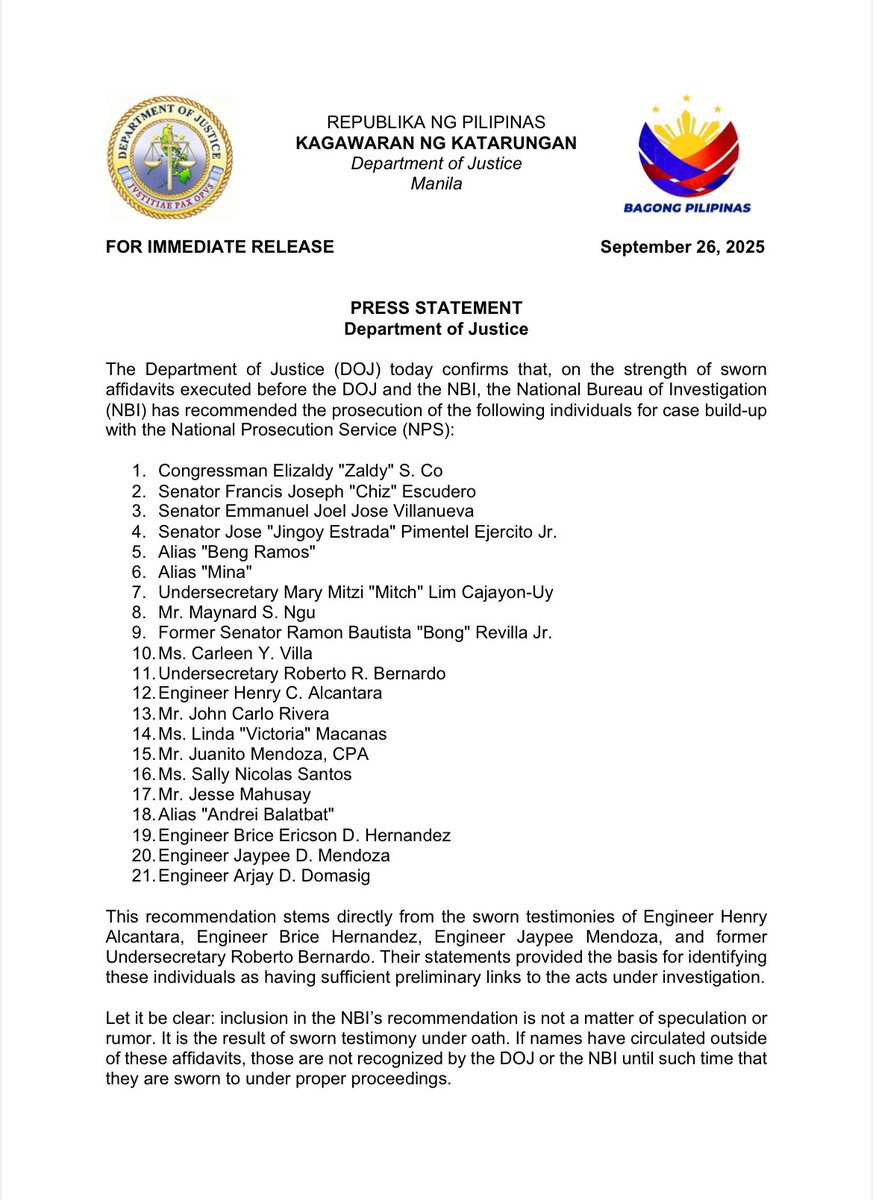 PhilippineStar's tweet photo. JUST IN: Department of Justice's National Prosecution Service is now conducting a case build-up vs. 21 individuals, including Senators Chiz Escudero, Jinggoy Estrada, and Joel Villanueva, for possible filing of criminal cases in court over their alleged involvement in flood control anomalies. | @marcelo_beth