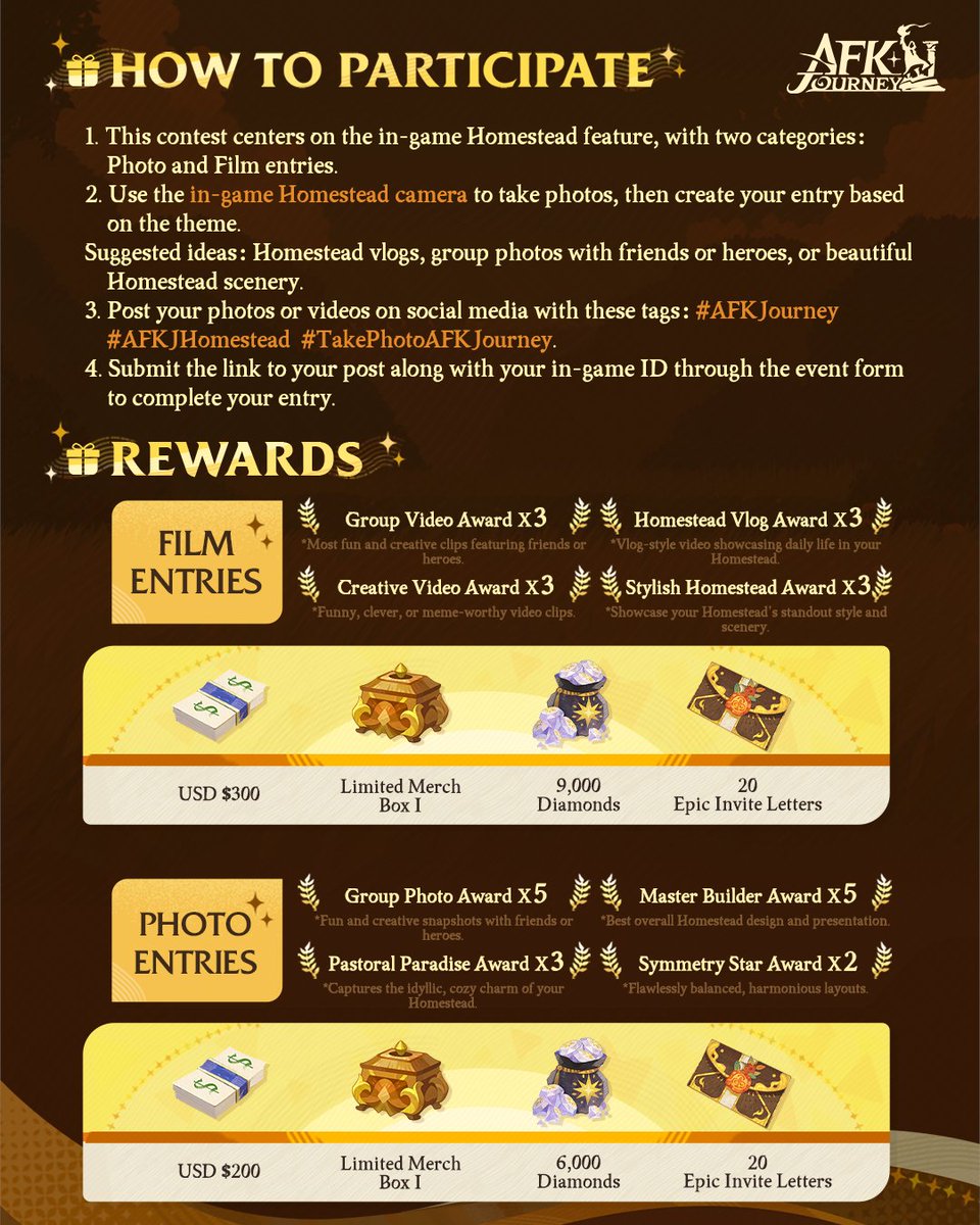 AFK_Journey's tweet photo. 🏡 ✨ The Homestead Photo &amp; Film Contest is coming soon!

📸 Use the in-game camera feature to show off your Homestead for a chance to win cash prizes and in-game rewards!

Submit your entries here: https://t.co/mW9fEgVGZl

Read about the details on how to enter below 👇 https://t.co/cweXjmHC8r