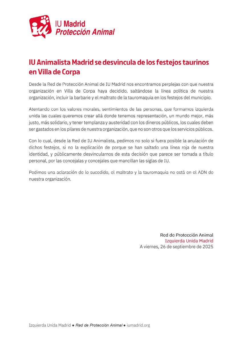 🐂Desde la Red de Protección Animal de IU Madrid mostramos nuestro rechazo absoluto a la inclusión de festejos taurinos en Villa de Corpa. 

La tauromaquia no forma parte de nuestros valores ni de nuestra línea política. 

Exigimos explicaciones y nos desvinculamos públicamente.