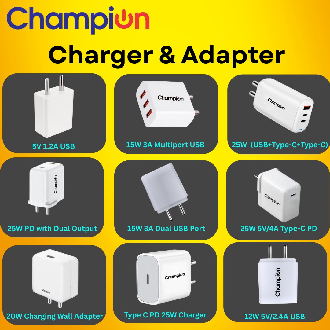ChampionComps's tweet image. Power Solutions: Fast, Reliable &amp;amp; Multi-Port Chargers
Visit our site now - championindia.com
#Chargers #Adapters #ChargingSolutions #ChampionChargers #PowerAdapters #WallChargers #OEMChargers #MadeInIndiaElectronics #USBCharger #TypeCCharger #MultiportCharger #FastCharger