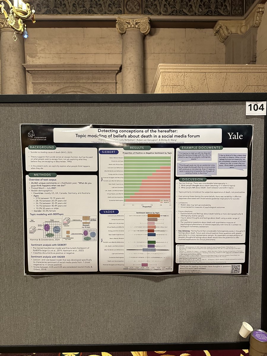 Had a great time presenting my poster exploring people's thoughts and feelings about death w/ #BERTopic, this evening <a href="/srp_science/">Society for Research in Psychopathology</a>! Thanks to everyone who stopped by to chat– it was wonderful learning more about others' work and nerding out! 💀🪦