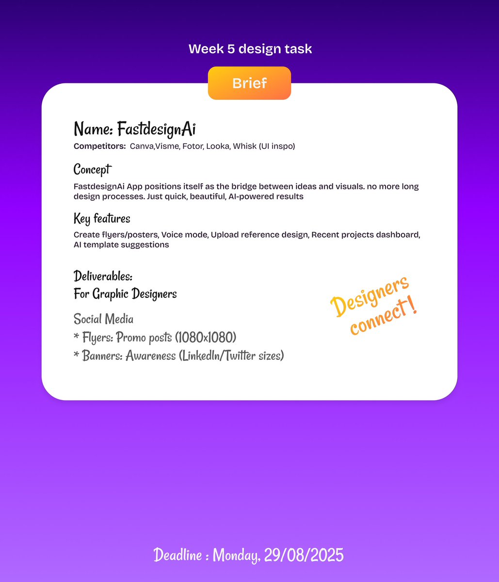 Tegadesigns's tweet image. This week’s design task is here! 🖌️ All posts go live on  Monday 29th.

To participate:
1️⃣ Quote the design brief , Use the hashtag #FastdesignAi so we can track entries
2️⃣ Talk about what you did in the design .

Winners will be chosen .
May the best man/woman win! ✨