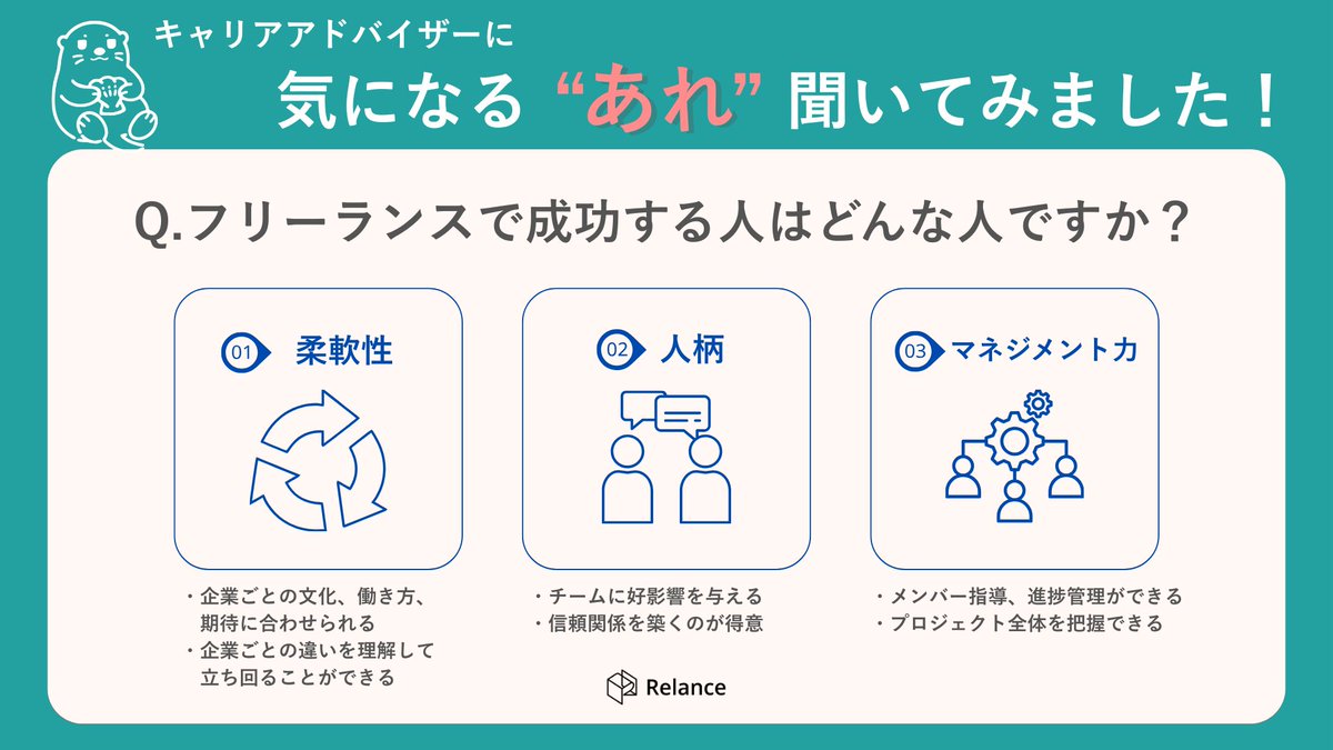 【フリーランスで成功する人の特徴は？】
Relanceのキャリアアドバイザーに直接インタビューしました🚀
スキル＋αを磨くことが長期的に活躍するための近道。
Relanceであなたの強みを一緒に整理しましょう！
＃Relance　＃フリーランス　＃エンジニア