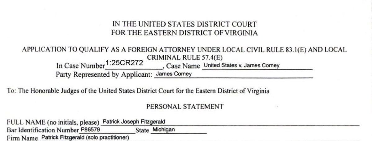 🚨NEW: Former U.S. attorney Patrick Fitzgeral is representing James Comey in the case. 

politico.com/news/2025/09/2…
