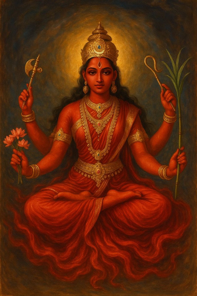 🧵Day 5 of Navratri :- Maa Lalita Tripura Sundari, the most enchanting Mother of the three worlds, seated in the Sri Chakra, ruling with compassion, wisdom, and supreme power! 🌺👑

A form of Adi Parashakti the ultimate Goddess who rules the three worlds.
Known as Sri Lalita or