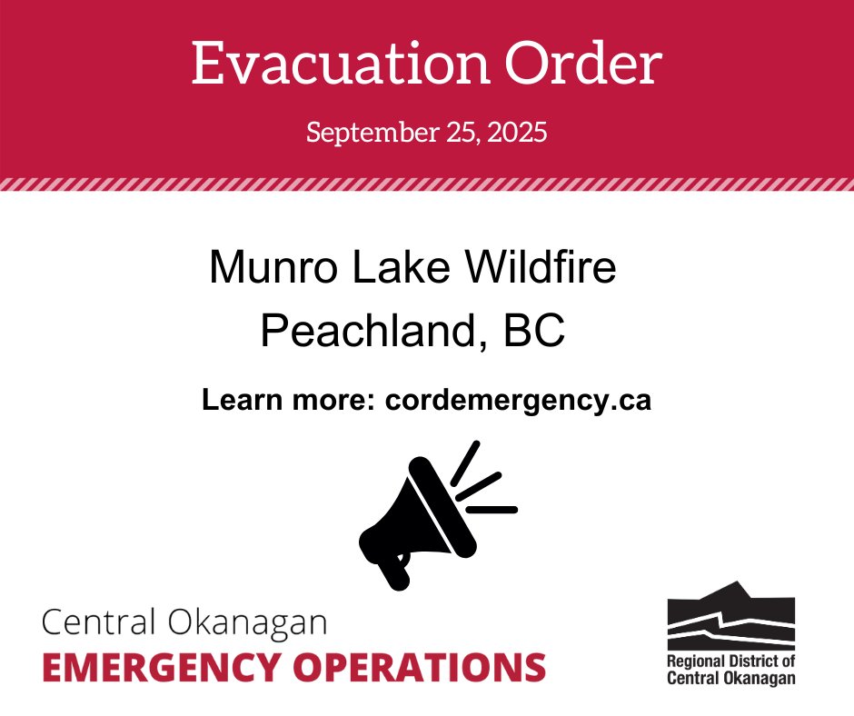 CO_Emerg's tweet image. An EVACUATION ORDER has been issued for 325 addresses due to the Munro Lake Wildfire.
To determine if you are in the evacuation order area, view the detailed map showing affected addresses at cordemergency.ca.
➡️Learn more: cordemergency.ca/updates/evacua…
#BCWildfire…