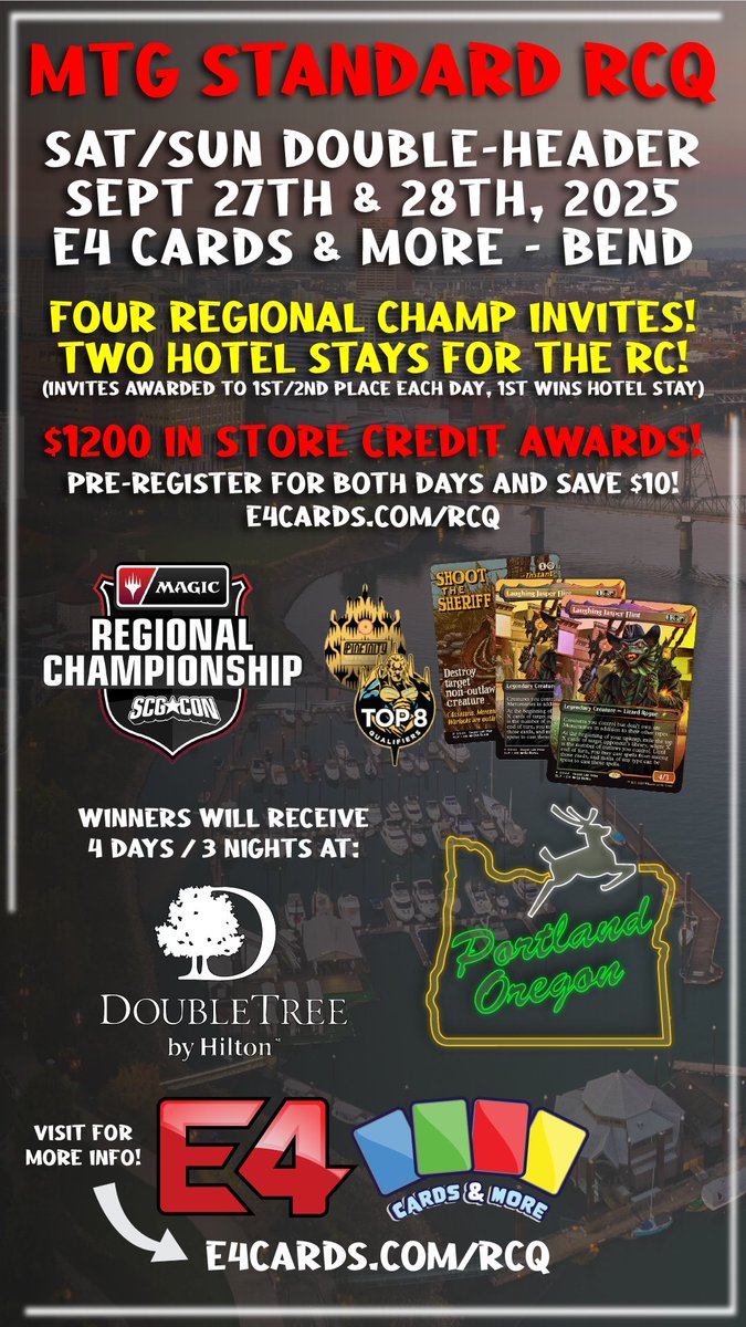 Come Out and Play this weekend for four invites and almost $5000 in prizes!

#MTG  #RCQ  #MagictheGathering  #E4Cards  #ComeOutAndPlay  #MTGStandard  #MTGTournament  #BendOregon