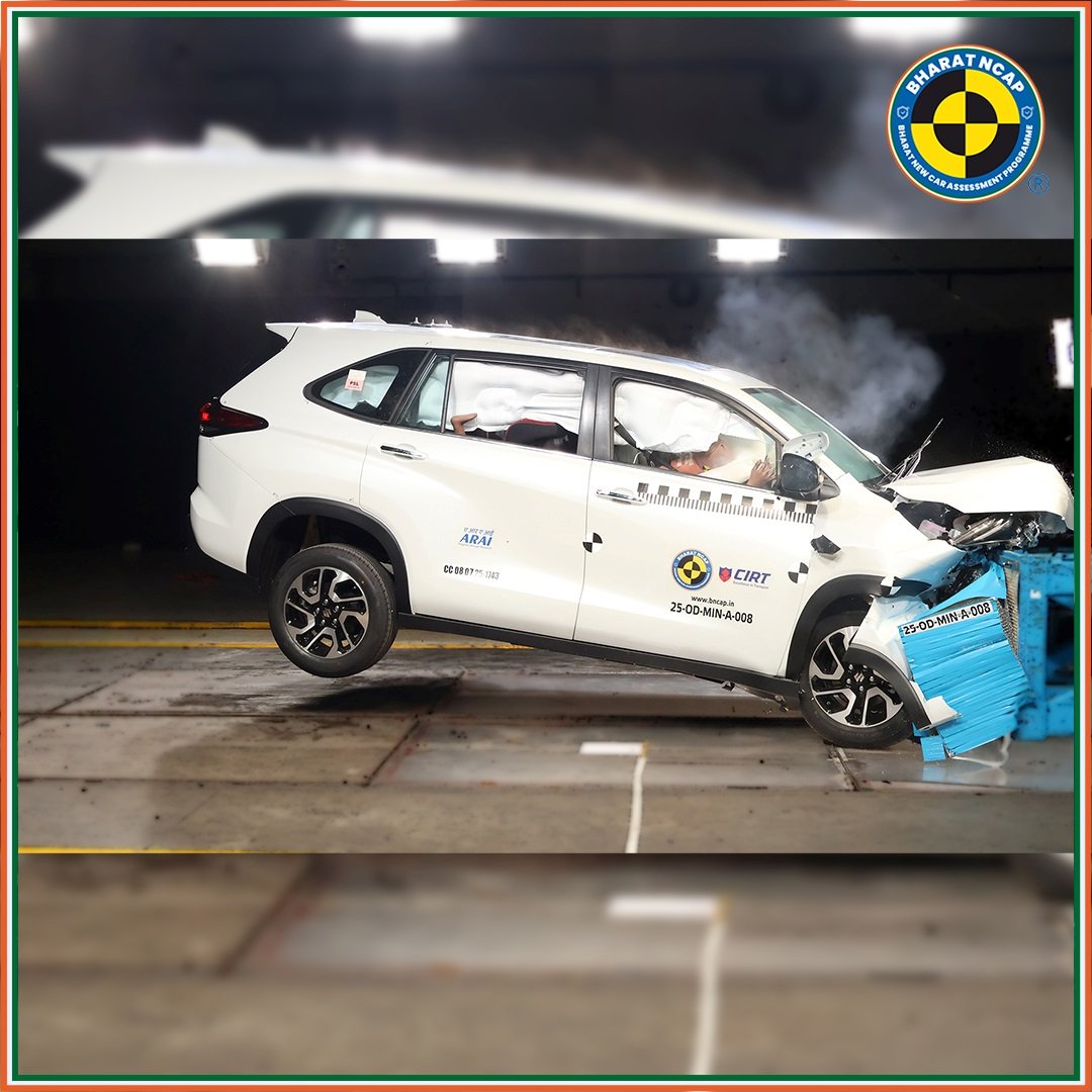 TheANI_Official's tweet image. Maruti Suzuki Invicto has achieved 5-star rating in Bharat NCAP crash tests.

•  Adult Occupant Protection: 30.43/32
• Child Occupant Protection: 45/49

@Maruti_Corp #BharatNCAP #SaferCarsForIndia #CrashTest #SafetyFirst #SafetyBeyondRegulations #MoreStarsSaferCars #BNCAP