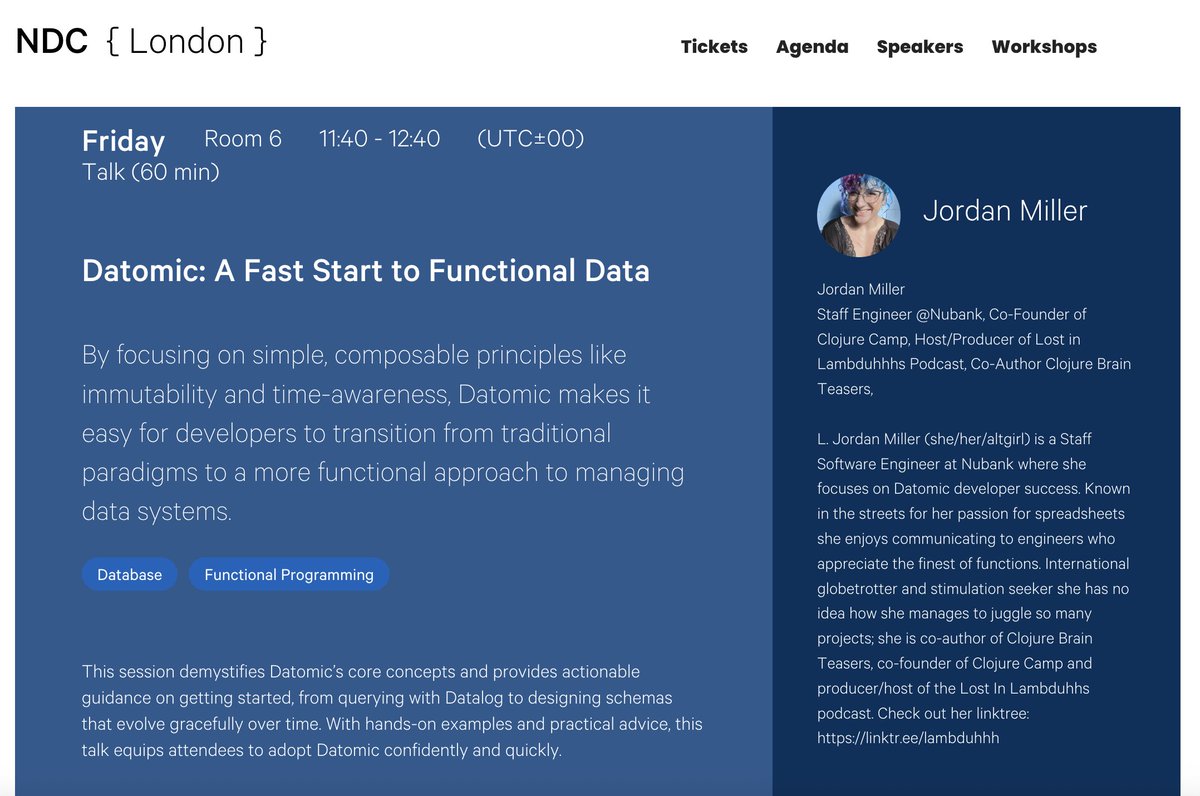 lambduhh's tweet image. OMG! I&apos;m SO pleased to share that I&apos;ll be speaking about #Datomic at @NdCLondon  2026!! 🤩 🎉 ndclondon.com
#clojure #technicalconferences
