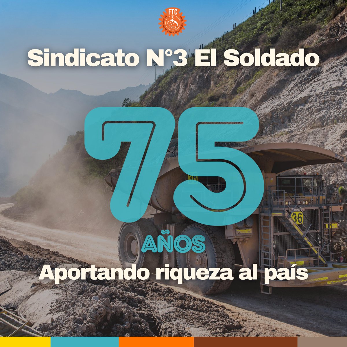 #AniversarioSindical
Enviamos un fraternal saludo a las y los compañeros que integran el Sindicato N°3 El Soldado, que hoy celebra 75 años aportando riqueza a Chile.