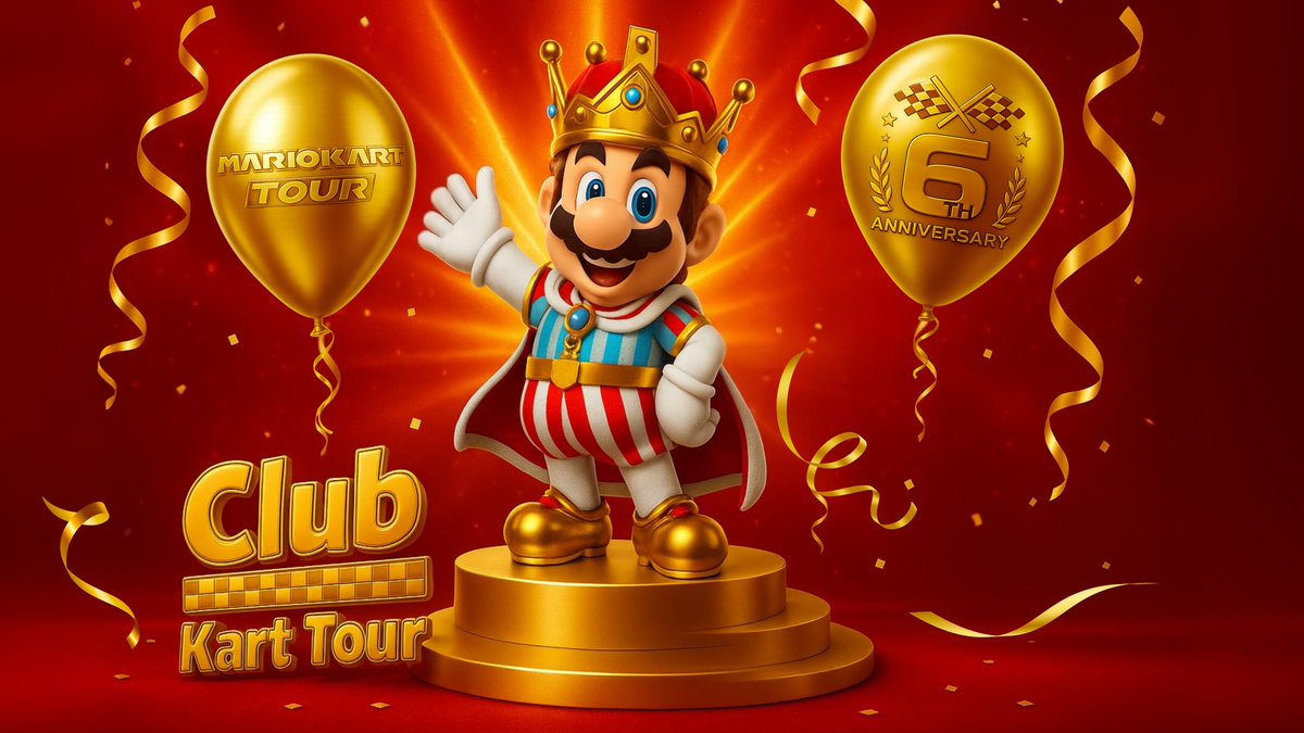 ClubKartTour's tweet photo. ¡Hoy celebramos el sexto aniversario de #MarioKartTour con Mario (rey)! ✨👑 Quien se viste de gala para acompañar esta fiesta.

¿Quieres unirte? 🎂 ingresa al juego y sorpréndete con la “Temporada de Aniversario". 

Gracias por ser parte de #ClubKartTour. 

🥳¡FELICIDADES!🥳 https://t.co/jEx83YuGAm