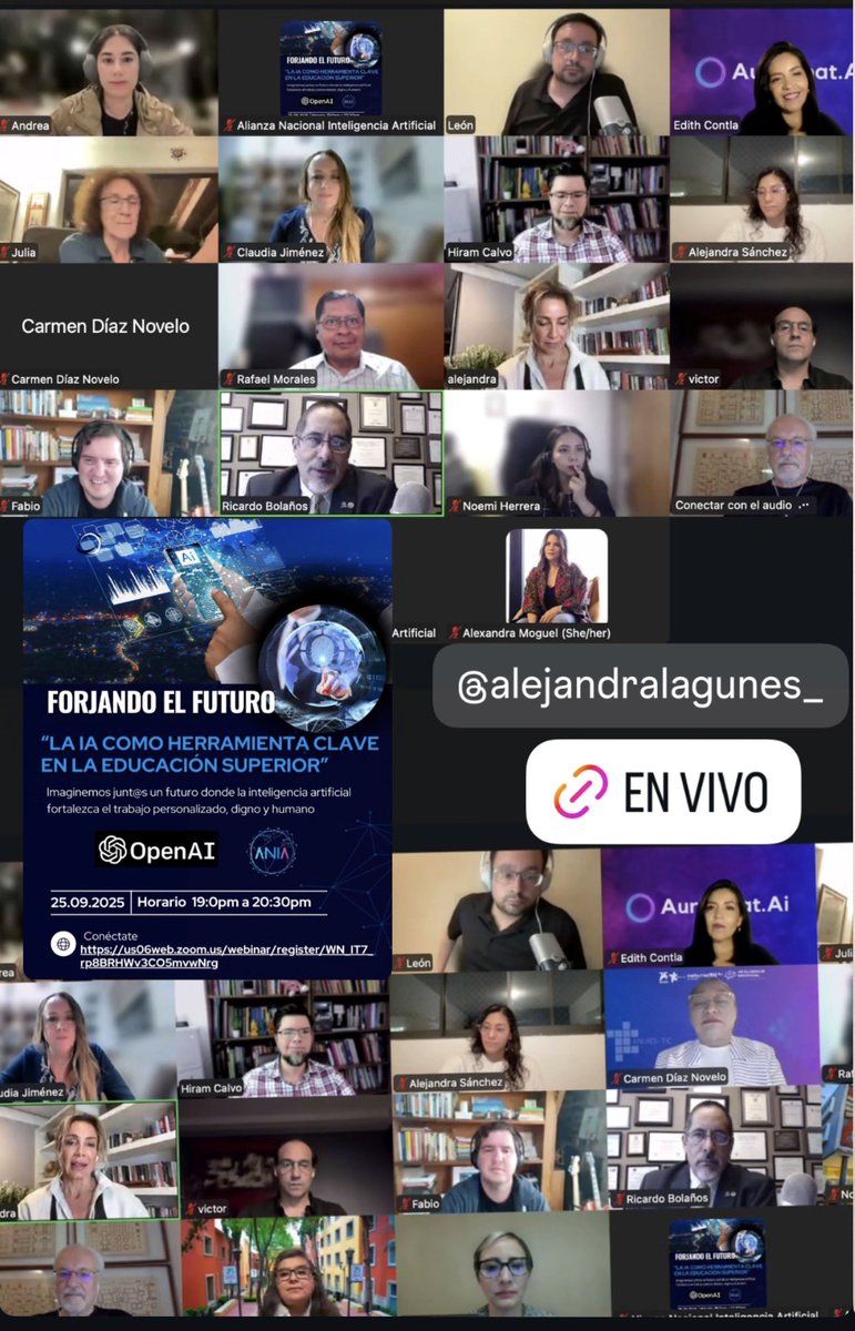 Ya estamos en vivo en el webinar con los expertos en “La IA como herramienta clave en la educación superior “  
Registro gratis : us06web.zoom.us/webinar/regist…
<a href="/alelagunes/">Alejandra Lagunes</a> <a href="/OpenAI/">OpenAI</a> #FabioMori