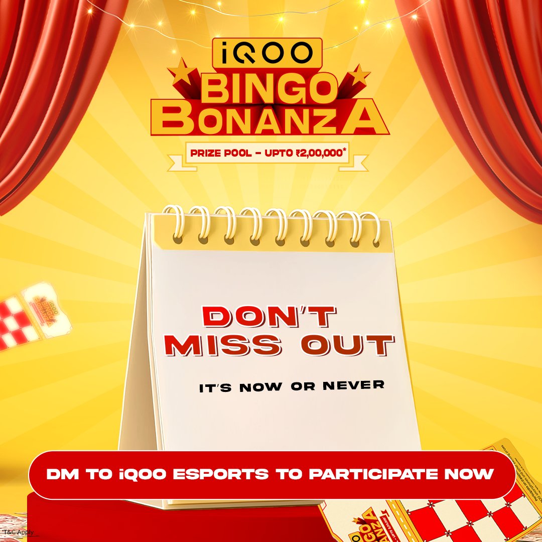 IqooInd's tweet image. The iQOO Bingo Bonanza is live and it’s your turn to win prize pool upto ₹2,00,000* including iQOO smartphones &amp;amp; exciting prizes! ✨

Tag 3 friends and share this post on your stories to start winning!
Here’s how you can participate ⬇

1️⃣ Follow @iQOOInd &amp;amp; @iQOOEsports on…
