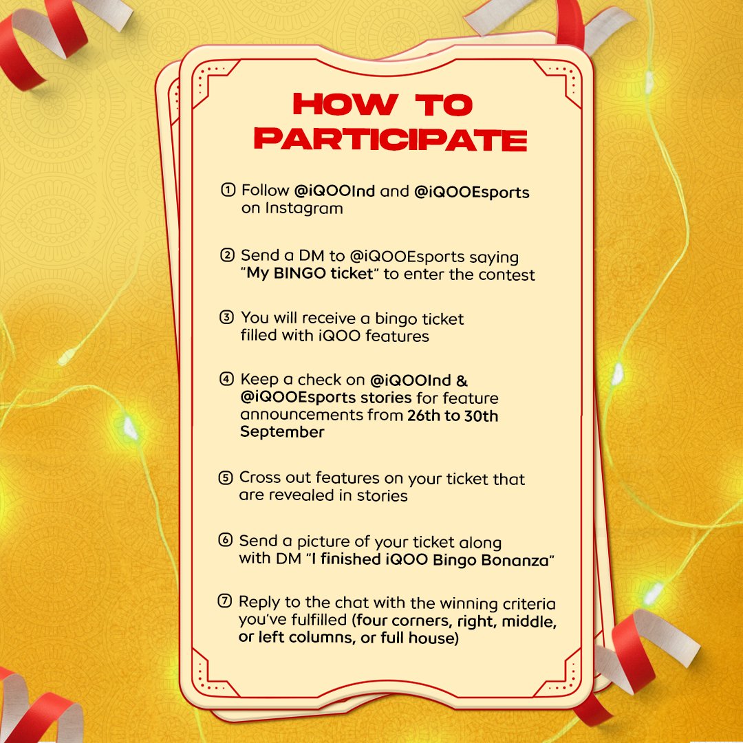 IqooInd's tweet image. The iQOO Bingo Bonanza is live and it’s your turn to win prize pool upto ₹2,00,000* including iQOO smartphones &amp;amp; exciting prizes! ✨

Tag 3 friends and share this post on your stories to start winning!
Here’s how you can participate ⬇

1️⃣ Follow @iQOOInd &amp;amp; @iQOOEsports on…