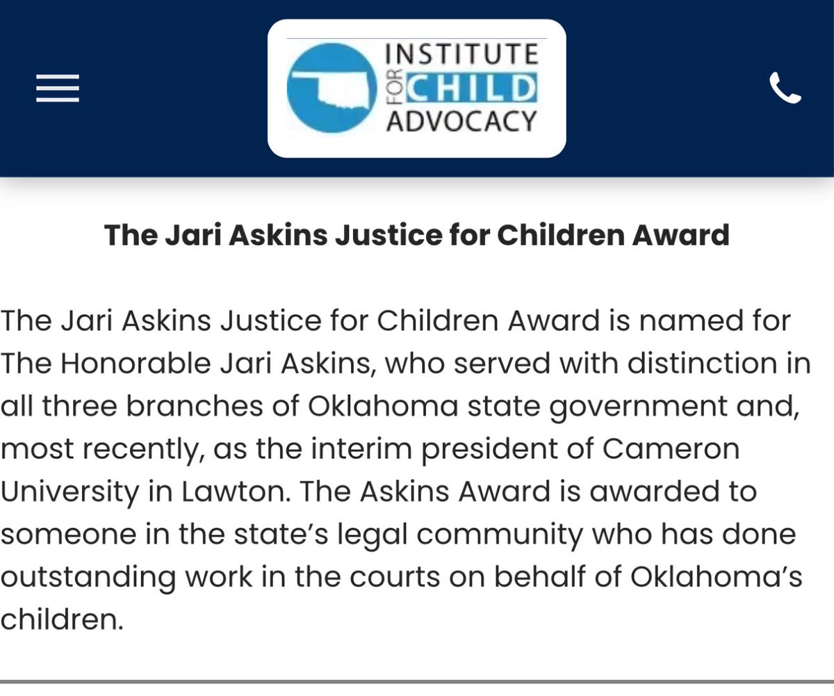 I have been informed that I have been chosen to receive the The Jari Askins Justice for Children Award on October 15th given by the Oklahoma Institute for Child Advocacy (OICA) - I am deeply honored &amp; grateful 🙏 <a href="/OklaChildAdv/">Oklahoma Institute for Child Advocacy</a> <a href="/JoeD4OK/">Joe Dorman</a> <a href="/jariaskins/">Jari Askins</a>