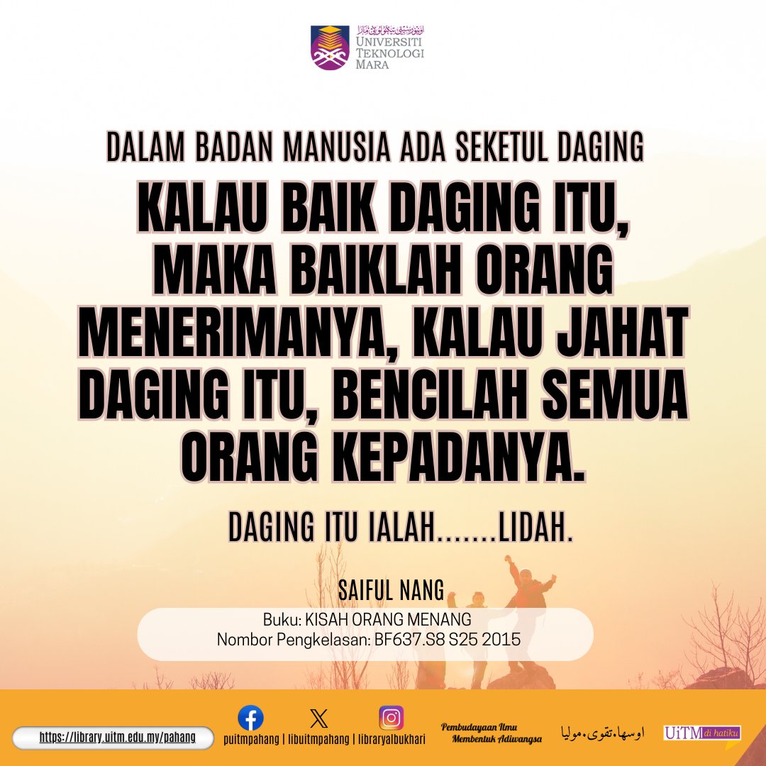 LibUiTMPahang's tweet image. Sila ikuti maklumat terkini dilaman web rasmi kami di
library.uitm.edu.my/pahang
#libphg
#pabmembaca
#libraryforall
#PembudayaanIlmuMembentukAdiwangsa
LIKE & FOLLOW FACEBOOK Perpustakaan Al-Bukhari:
facebook.com/library.uitm.p…