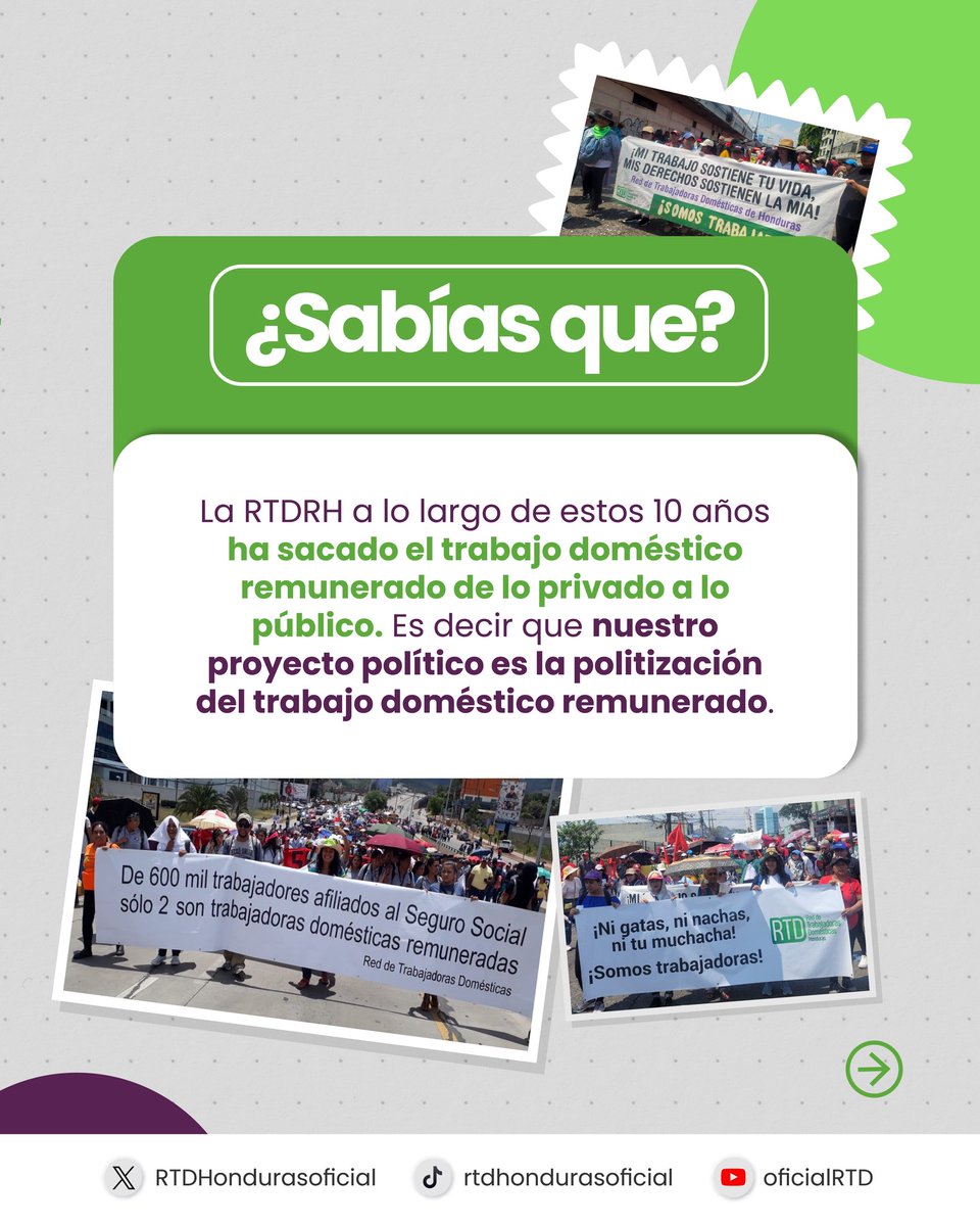 RtdHonduras's tweet photo. ✊ Faltan 2 días de conmemorar 10 años de lucha organizada por la Red de Trabajadoras Domésticas de Honduras.

Una década sacando el trabajo doméstico remunerado de lo privado a lo público y exigiendo reconocimiento.
 #10Años #SomosTrabajadoras #DignidadLaboral https://t.co/ZpenDlokqt