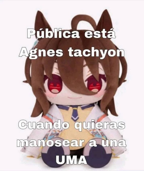 A plush toy of Agnes Tachyon, an anime character, with brown hair, cat ears, red eyes, and a yellow outfit with a tie. The toy is sitting on a plain white background.