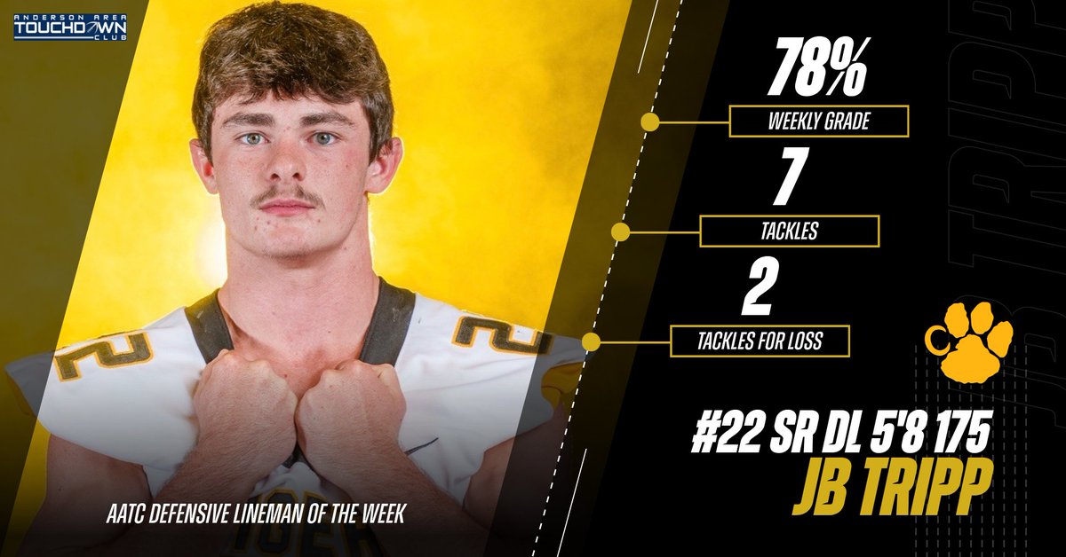 AndersonTDClub's tweet image. Congratulations to this week’s Defensive Lineman of the Week from Crescent, JB Tripp!