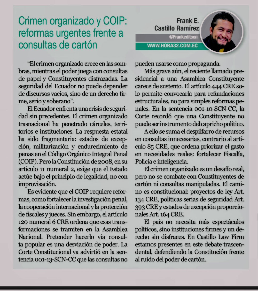 Frankeditson's tweet photo. “El crimen organizado crece en las sombras, mientras el poder juega con consultas de papel y Constituyentes disfrazadas. La seguridad del Ecuador no puede depender de discursos vacíos, sino de un derecho firme, serio y soberano."
#frankcastillopresidente #castillolawfirm 
 #adler https://t.co/wSmqQcZxHB