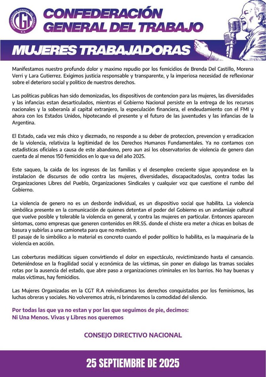 La violencia contra las mujeres no es un hecho aislado, es consecuencia del abandono del Estado y las políticas que destruyen derechos.
Desde la <a href="/cgtoficialok/">CGT</a> nos pronunciamos y sostenemos el reclamo de las compañeras.