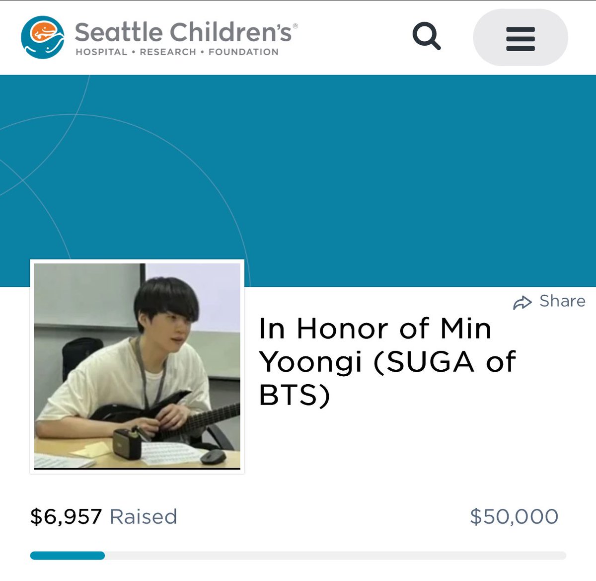 $6957

ARMY! 
🥹🥹🥹🥹🥹🥹🥹

I told a friend today that doing this fundraiser has been anchoring for me.

I see so much good in humanity when I look at all of you.

We are nearly 70% of the way to a dedicated music therapy fund. 💜

give.seattlechildrens.org/MYGforABC

#MYGforABC