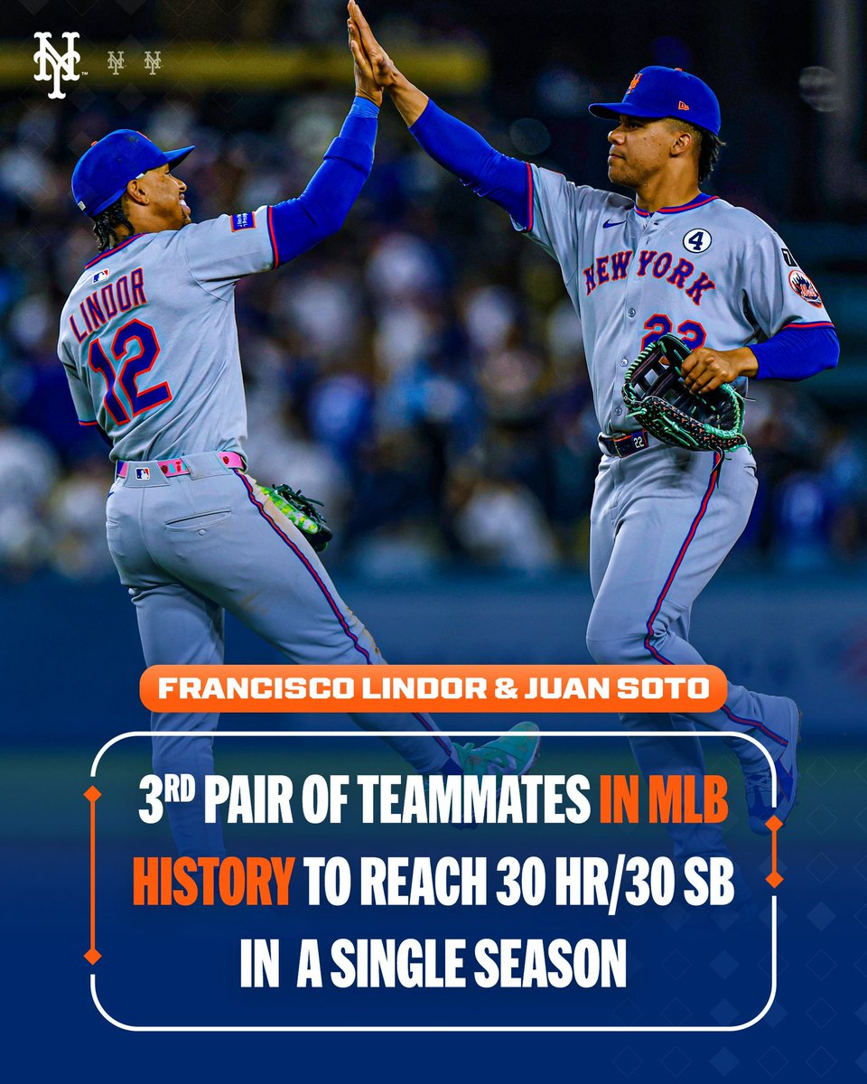 giantsdkw1013's tweet photo. Lindor and Soto 3rd pair of teammates to reach the 30/30 club. Let’s Go Mets #LGM https://t.co/uuB6W5m13V