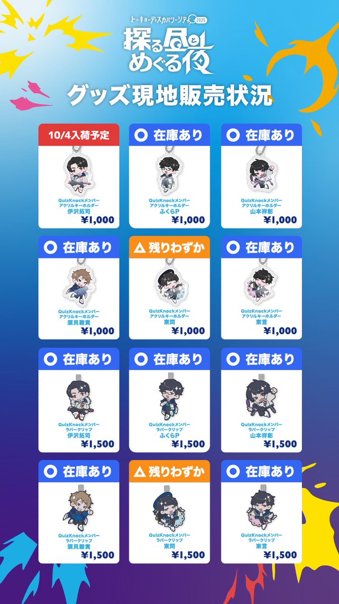 quizknock_tdc's tweet image. 🛍️グッズ在庫情報のお知らせ【9/26（金）11:00時点】
 
#QuizKnock探る昼とめぐる夜 物販ブースの在庫状況をお届けします📷     

※通販については、通販サイト #QurioStore よりご確認ください。
quriostore.com/collections/td…