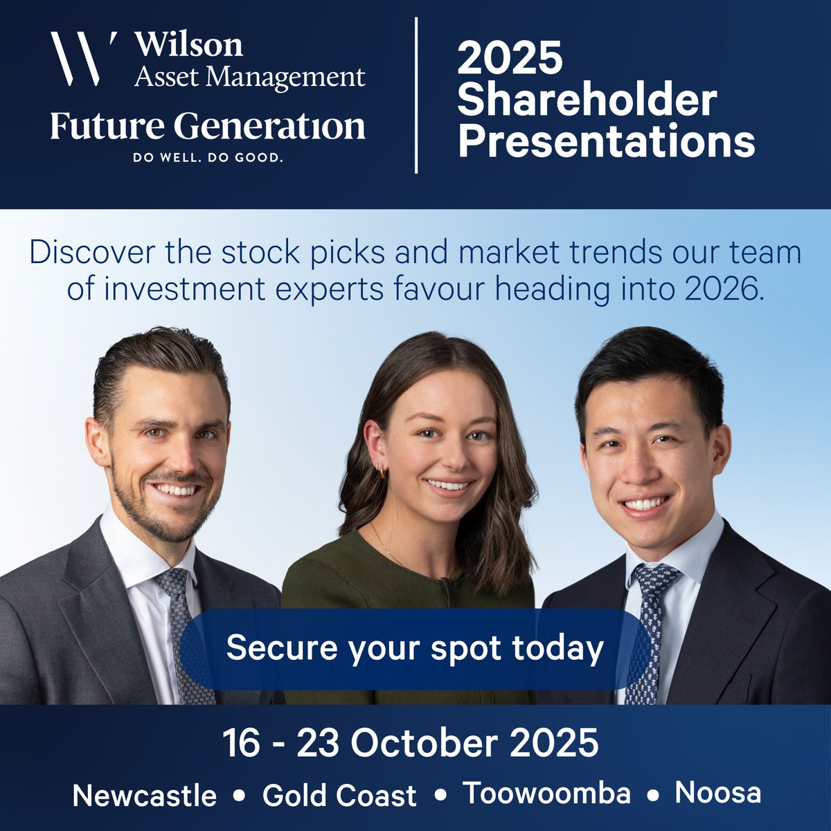 We’re hitting the road in October, stopping by Newcastle, the Gold Coast, Toowoomba and Noosa to connect with shareholders and supporters. 

Join us for market insights, stock ideas and updates on our LICs, plus lunch with the team. 

Register now to secure your seat: