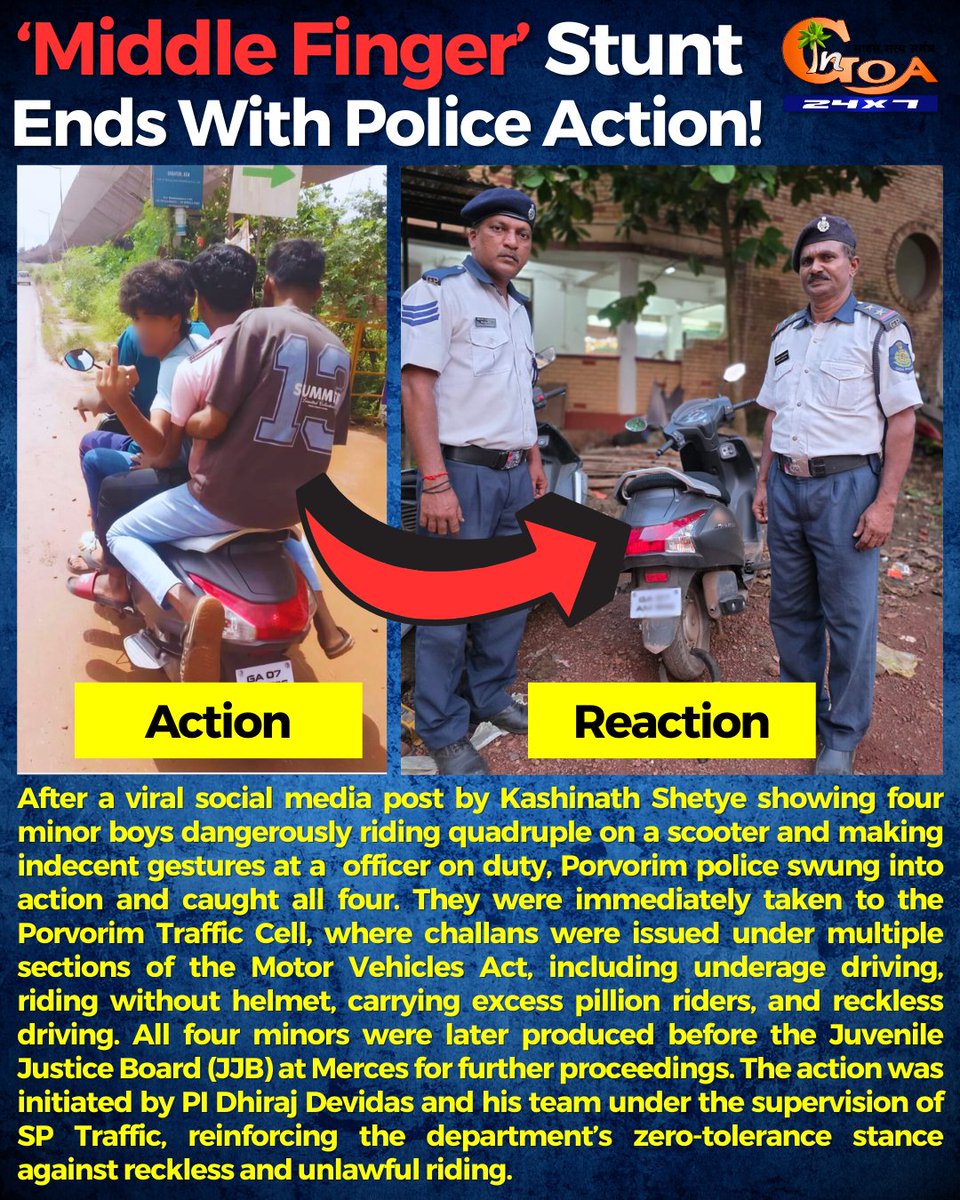 InGoa24x7's tweet image. A viral post by Kashinath Shetye showed 4 minors dangerously riding quadruple on a scooter in Porvorim — no helmets, no license, and even showing a middle finger to a cop on duty.

#GoaPolice #Porvorim #TrafficRules #JuvenileJustice #GoaNews #Goa