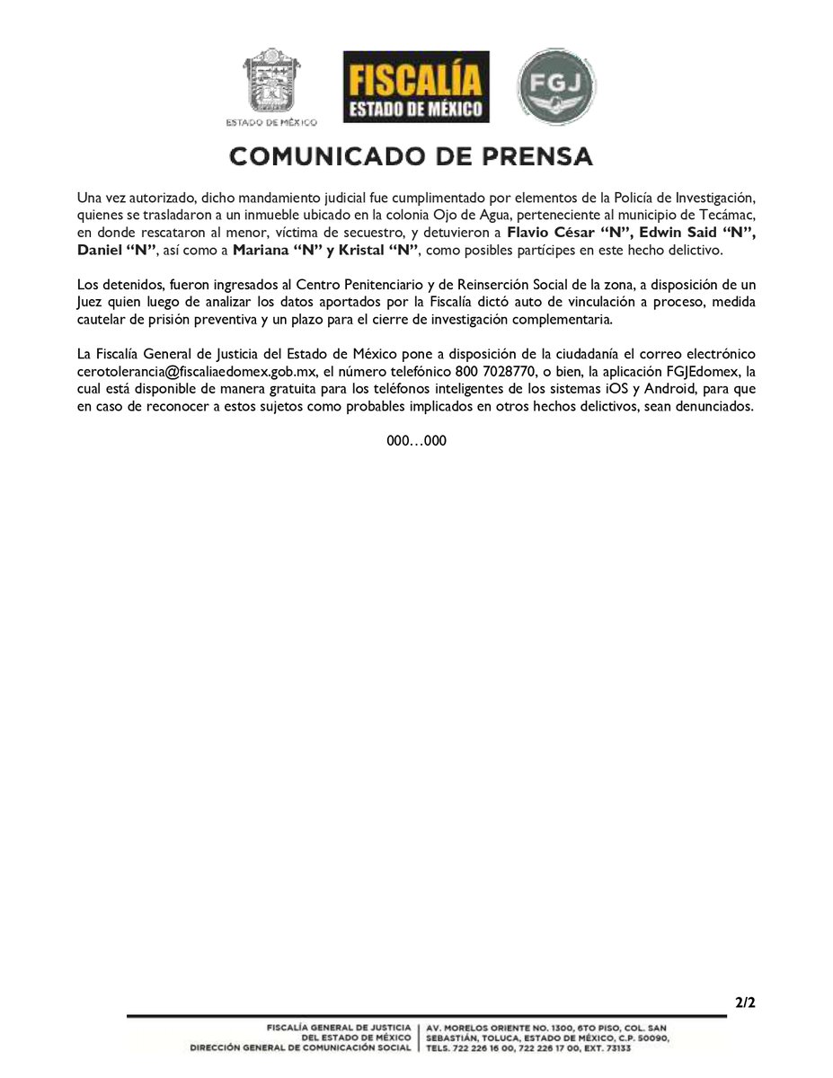 FiscaliaEdomex's tweet image. #Resultados.
La #FiscalíaEdoméx obtuvo vinculación a proceso en contra de Flavio Cesar “N”, Edwin Said “N” y Daniel “N” por su probable intervención en el delito de secuestro exprés con fines de robo, hechos sucedisos en el municipio de #Tecámac
Estos sujetos, son integrantes de…