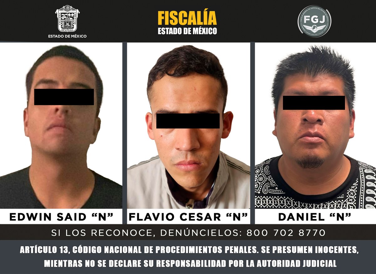 FiscaliaEdomex's tweet image. #Resultados.
La #FiscalíaEdoméx obtuvo vinculación a proceso en contra de Flavio Cesar “N”, Edwin Said “N” y Daniel “N” por su probable intervención en el delito de secuestro exprés con fines de robo, hechos sucedisos en el municipio de #Tecámac
Estos sujetos, son integrantes de…
